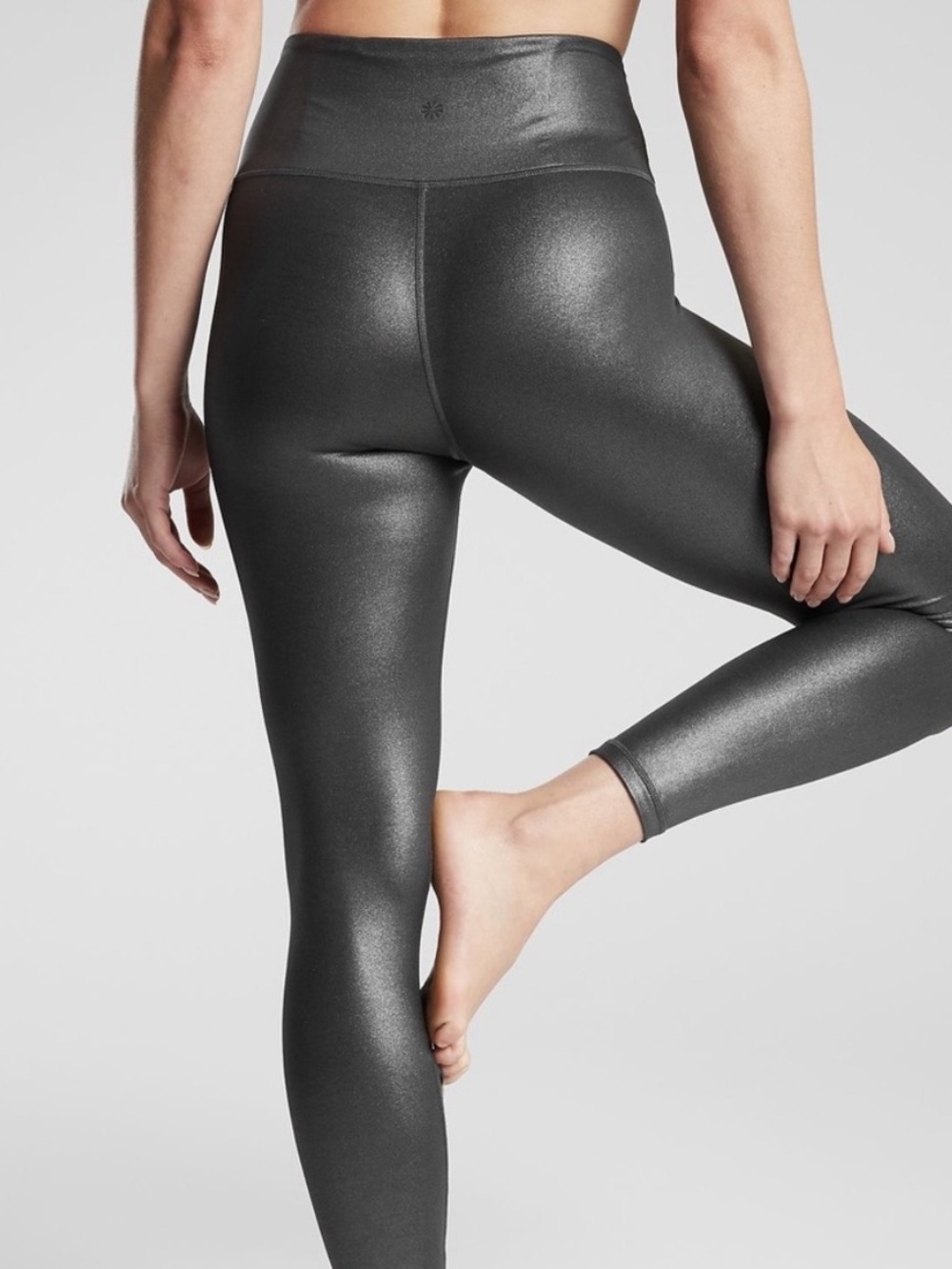 Athleta Shimmery Black Elation High Rise Shine Faux-Leather Leggings XS Pocket!